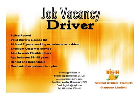 Big H Juice hiring driver for Cayo branch > Drivers & Security > San Ignacio > Belize Buy & Sell