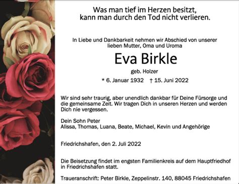 Traueranzeigen Von Eva Birkle Schwaebische De Trauerportal