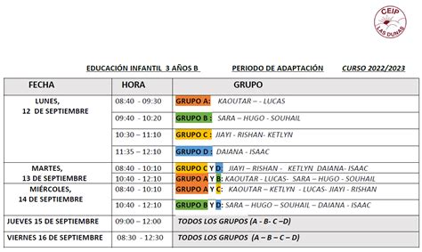 Horarios Periodo De Adaptaci N Infantil A Os Ceip Las Dunas