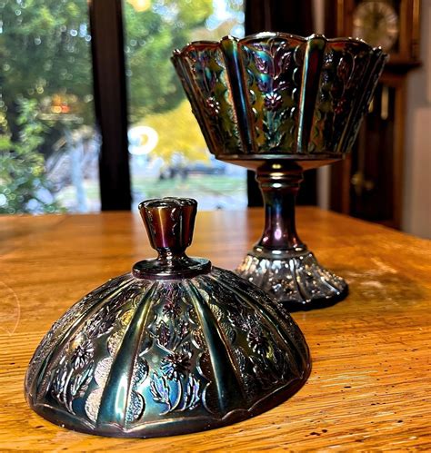 Fenton Black Amethyst Carnival Glass Compote Etsy