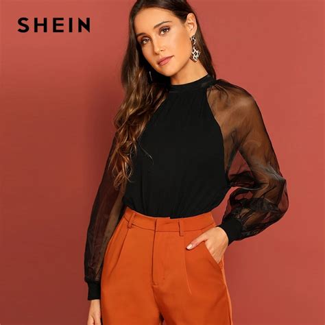 Aliexpress Buy SHEIN Black Mock Neck Sheer Organza Mesh Raglan