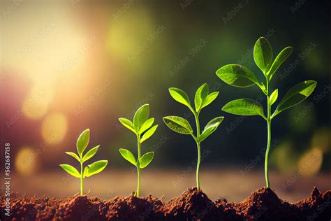 A metaphor for business growth and development. Four young plant each ... 