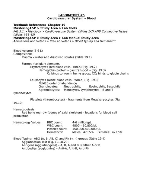 Biology 125 Lab 5 Blood Laboratory Cardiovascular System Blood