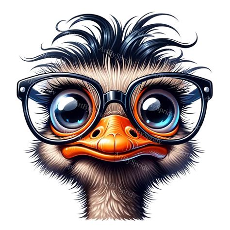 Humorous Ostrich Clipart Funny Bird With Glasses Png Digital Art For