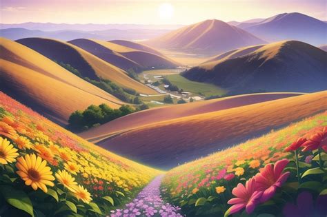 Una Pintura De Un Paisaje De Monta A Con Una Puesta De Sol De Fondo