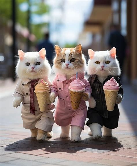 Three Cats Dressed Up In Clothes And Ice Cream Cones