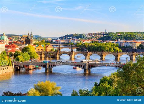 Beautiful View To Vltava And Bridges In Prague Czech Republic Stock