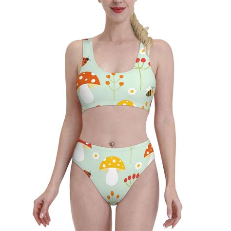 Fotbe Women S Mushroom Bee Print Bikini High Waisted Swimsuit Two Piece