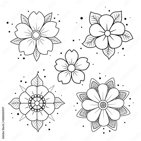 Old School Tattoo Flower Set Hand Drawn Black Outline Inflorescence