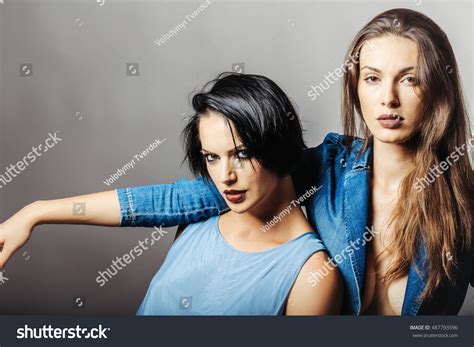 Sexy Brunette Girl Unbuttoned Denim Shirt Stock Photo 487793596 Shutterstock