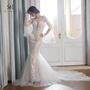 Mily Bridal Qw Puffy Lantern Sleeve Sexy Wedding Gowns Mermaid With Lace Nude Lined
