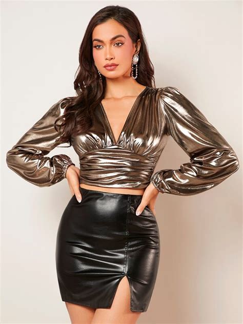 Shein Bae Deep V Neck Ruched Metallic Blouse Shein Usa