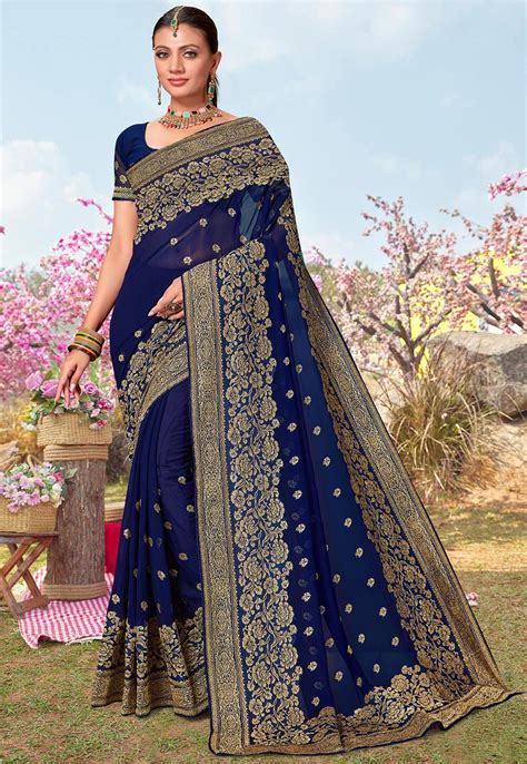 Buy Embroidered Georgette Saree In Navy Blue Online Scba4990 Utsav Fashion