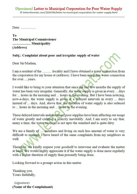 Complaint Letter To Municipal Corporation For Poor Water Supply