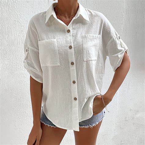 Womens Button Down V Neck Denim Shirts Long Sleeve Blouse Roll Up Cuffed Sleeve Casual Work