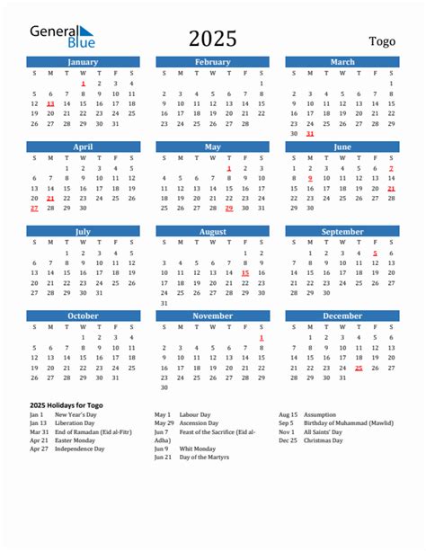2025 Togo Calendar with Holidays
