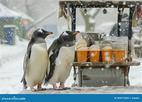 Penguin Ice Cream Vendor See Penguins In A Snowy Landscape Running An