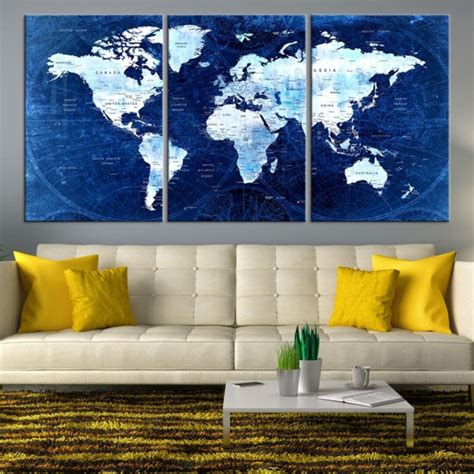 Navy Blue Watercolor Push Pin World Map Wall Art Blue Map Wall Art