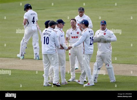 Jamie Porter Of Essex Celebrates Taking The Wicket Of Max Holden During