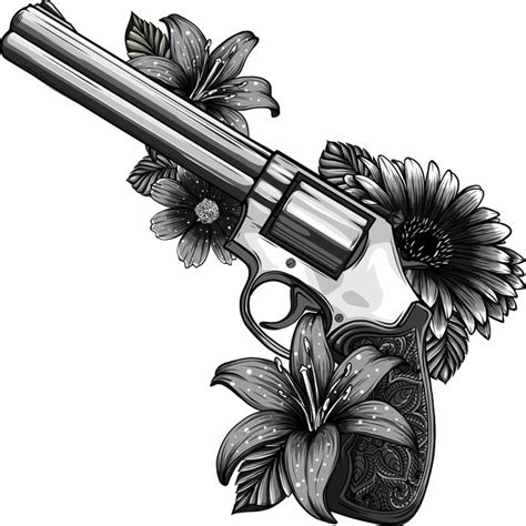 Ilustración Vectorial De Armas De Fuego En La Flor Y Adornos Florales Con Estilo De Dibujo De