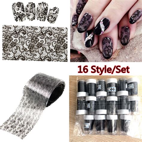 16pcs Black Lace Flowers Nail Art Transfer Foils Sticker Sexy Floral