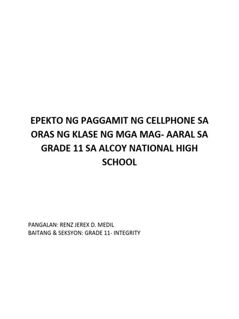 Epekto Ng Paggamit Ng Cellphone Sa Oras Ng Klase Ng Mga Mag Pdf
