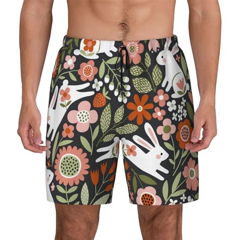 Haiem Rabbits On Floral Mens Swim Trunks With Compression Liner 2 In 1 Swimming Shorts Stretch