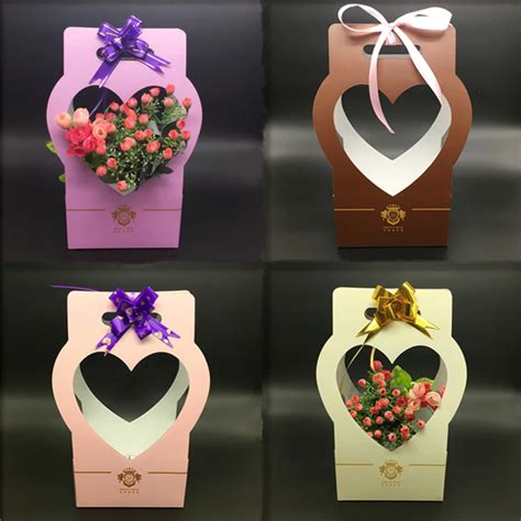 Pcs Kraft Paper Flowers Box With Handhold Handy Bucket Rose Florist