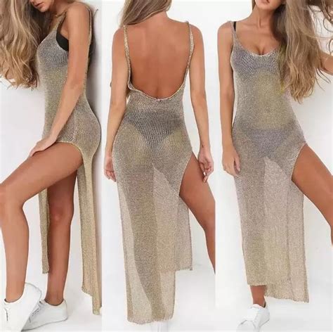 Women Sexy Summer Sunscreen Sheer Mesh Bikini Cover Up Metallic Solid