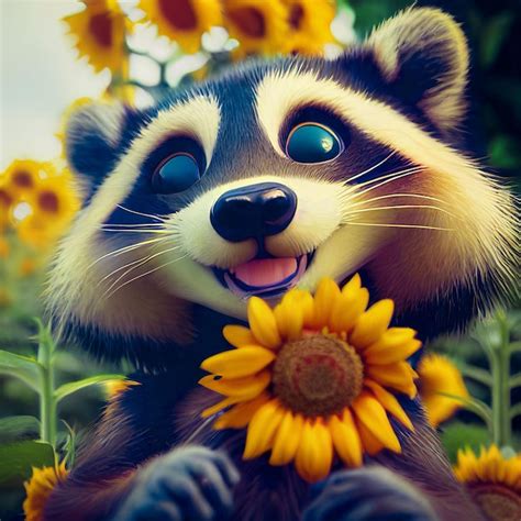 Premium Photo Cute Cartoon Raccoon Sunflower Character Rendered By AI