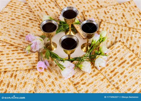 Four Wine Cups With Matzah Jewish Holidays Passover Stock Image Image Of Matzah Hebrew