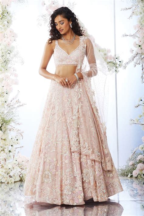 Buy Pink Organza Embroidered D Floral Plunge V Neck Lehenga Set For