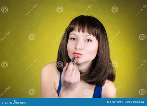 Brunette Applying Red Lipstick Woman Putting Lipstick Looking In