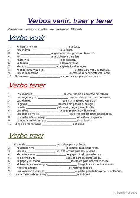 Verbos Venir Traer Y Tener English ESL Worksheets Pdf Doc