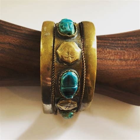 Egyptian Scarab Cuff Bracelet Bangle Faience And Brass Or Etsy