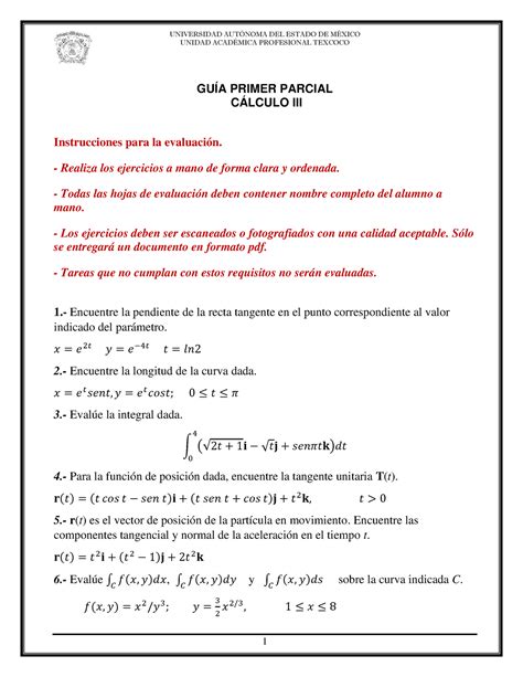 Guía primer parcial Cálculo III 1 UNIVERSIDAD AUTNOMA DEL ESTADO DE