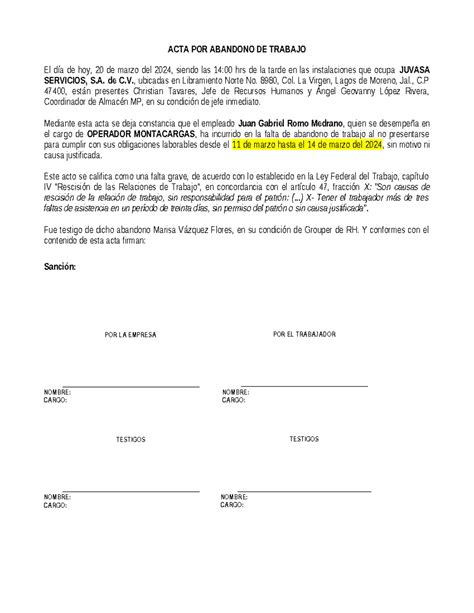 Ejemplo De Acta Administrativa Por Abandono De Trabajo Acta Por