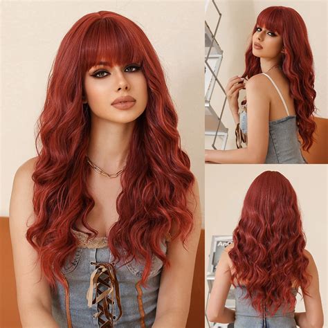 Long Burgundy Red Beach Wave Wigs Synthetic Wigs With Bangs High Temperature Wig For Women