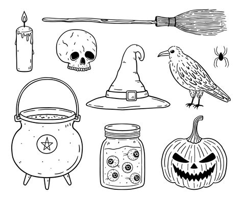 Doodle Set Of Halloween Elements Skull Raven Witch S Cauldron