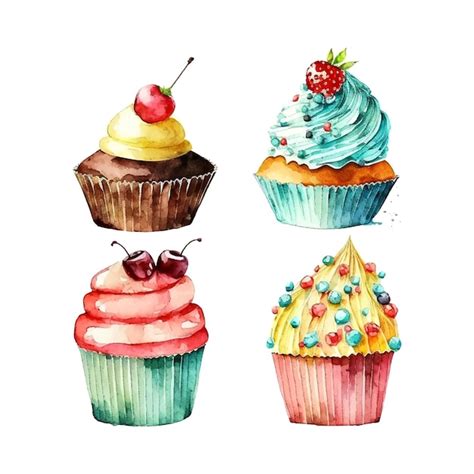 Premium Vector Cupcake Set With Cream Watercolor Illustration Ice Cream