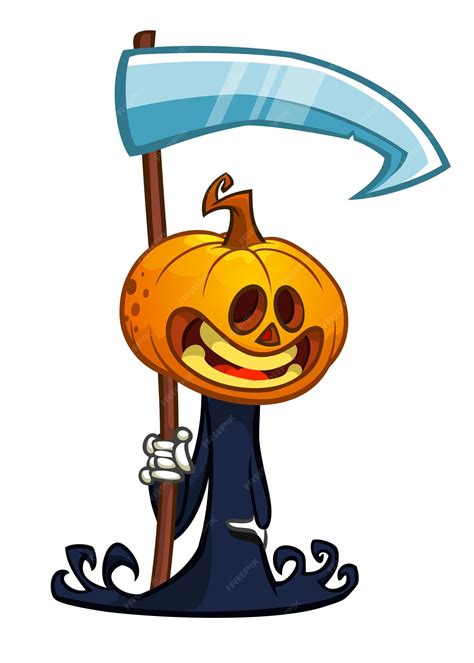 Premium Vector Grim Reaper Pumpkin Head Cartoon Character With Scythe Halloween Jack O Lantern