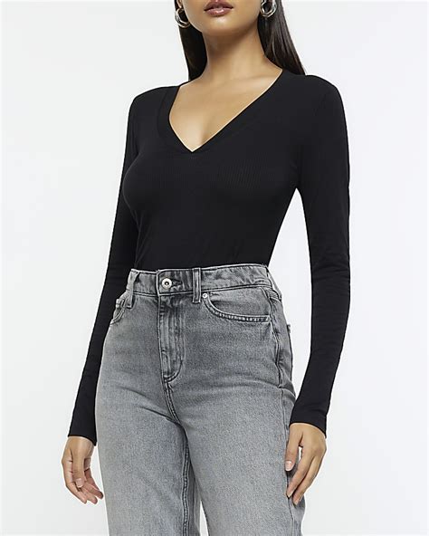 Black rib v-neck long sleeve top | River Island