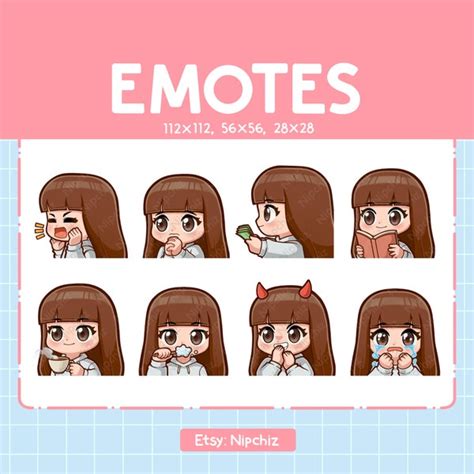 Cute Girl Brown Curly Hair Emotes 8 Pack Chibi Girl Emotes For Streamer Brown Eyes Kawaii