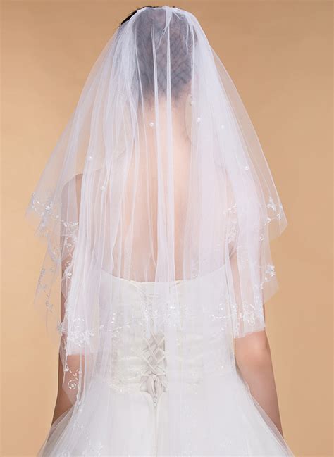 Two Tier Beaded Edge Elbow Bridal Veils With Beading 006096807 JJ S