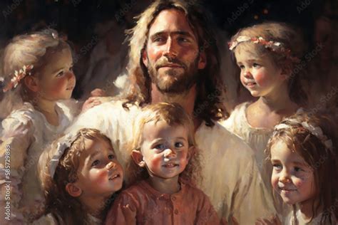 Jesus Christ With Joyful Children Fine Art Oil Painting Style
