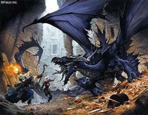 An Image Of A Dragon Fighting With Two Men In The Middle Of A Stone Cave