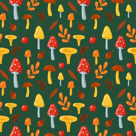 Premium Photo Autumn Leaves Mushrooms Seamless Pattern Hand Drawn In