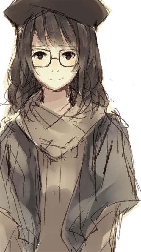 Safebooru Beret Black Hair Brown Eyes Glasses Hat Long Hair Original