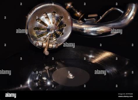 Vinyl Record And Fragment Of Vintage Gramophone Close Up Stock Photo