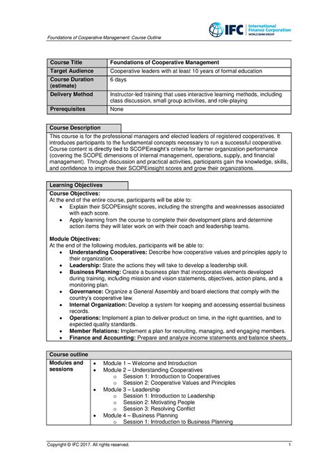 ALP Sample Course Outline Foundations Of Cooperative Management